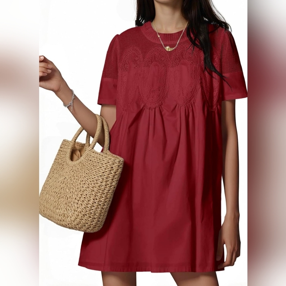 Burgundy Lace Babydoll Mini Dress | Boho Cottagecore | Size L - Picture 6 of 6
